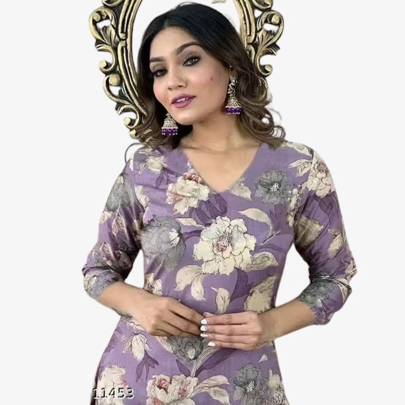 Fashion Purple Floral Women Kurta Pant Set