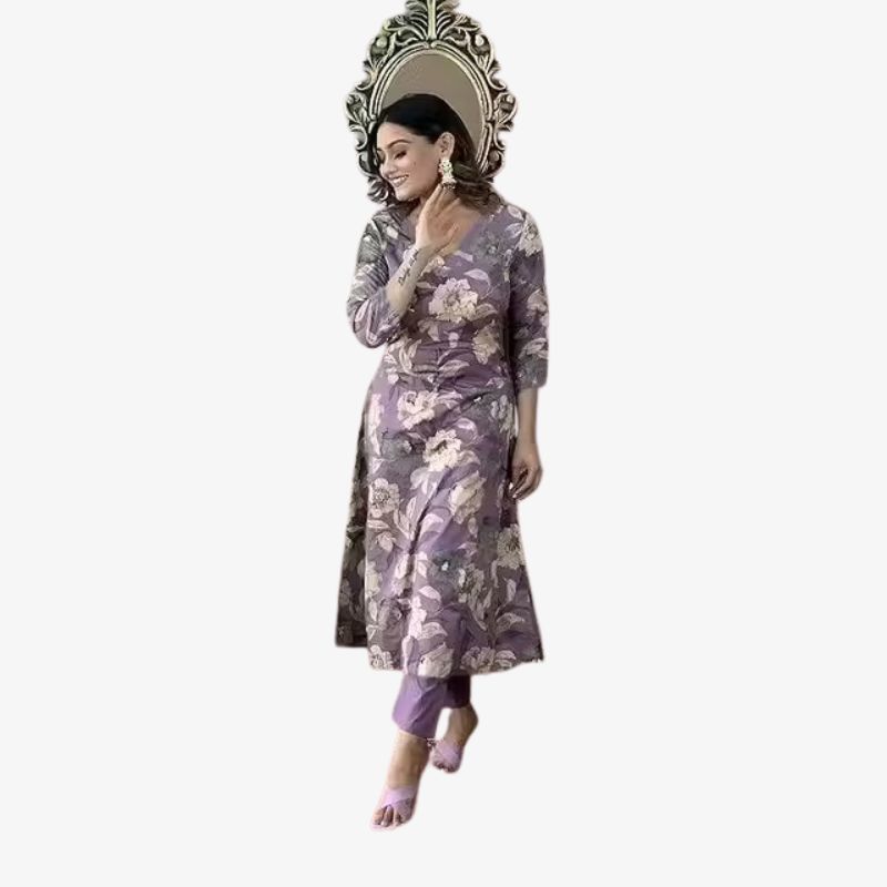 Fashion Purple Floral Women Kurta Pant Set
