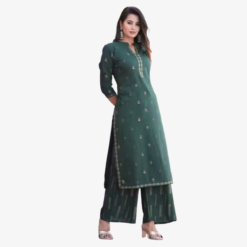 Rayon Fabric Green Women Kurta Pant Set