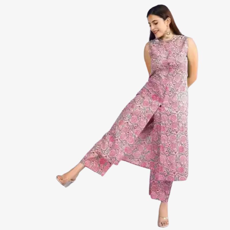 Rayon Printed Sleeveles Women Kurta Pant Set