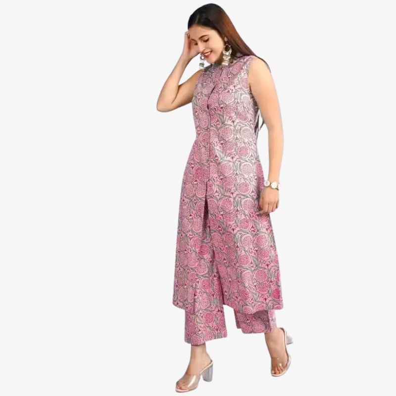 Rayon Printed Sleeveles Women Kurta Pant Set